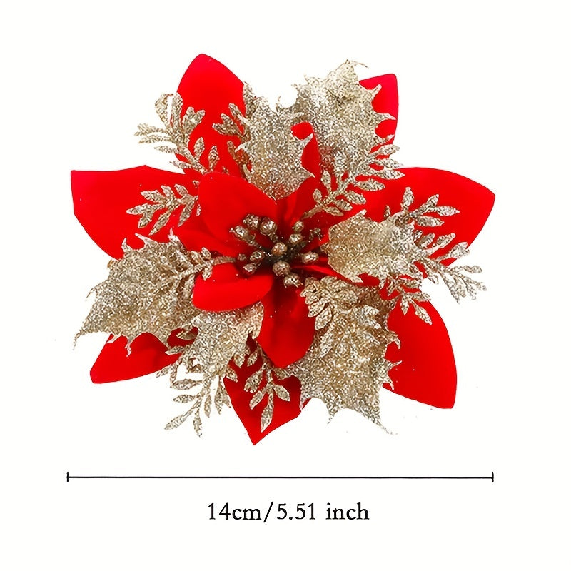 10 Golden and Silvery Artificial Christmas Decorations with Red Flowers Ornaments and Wreaths