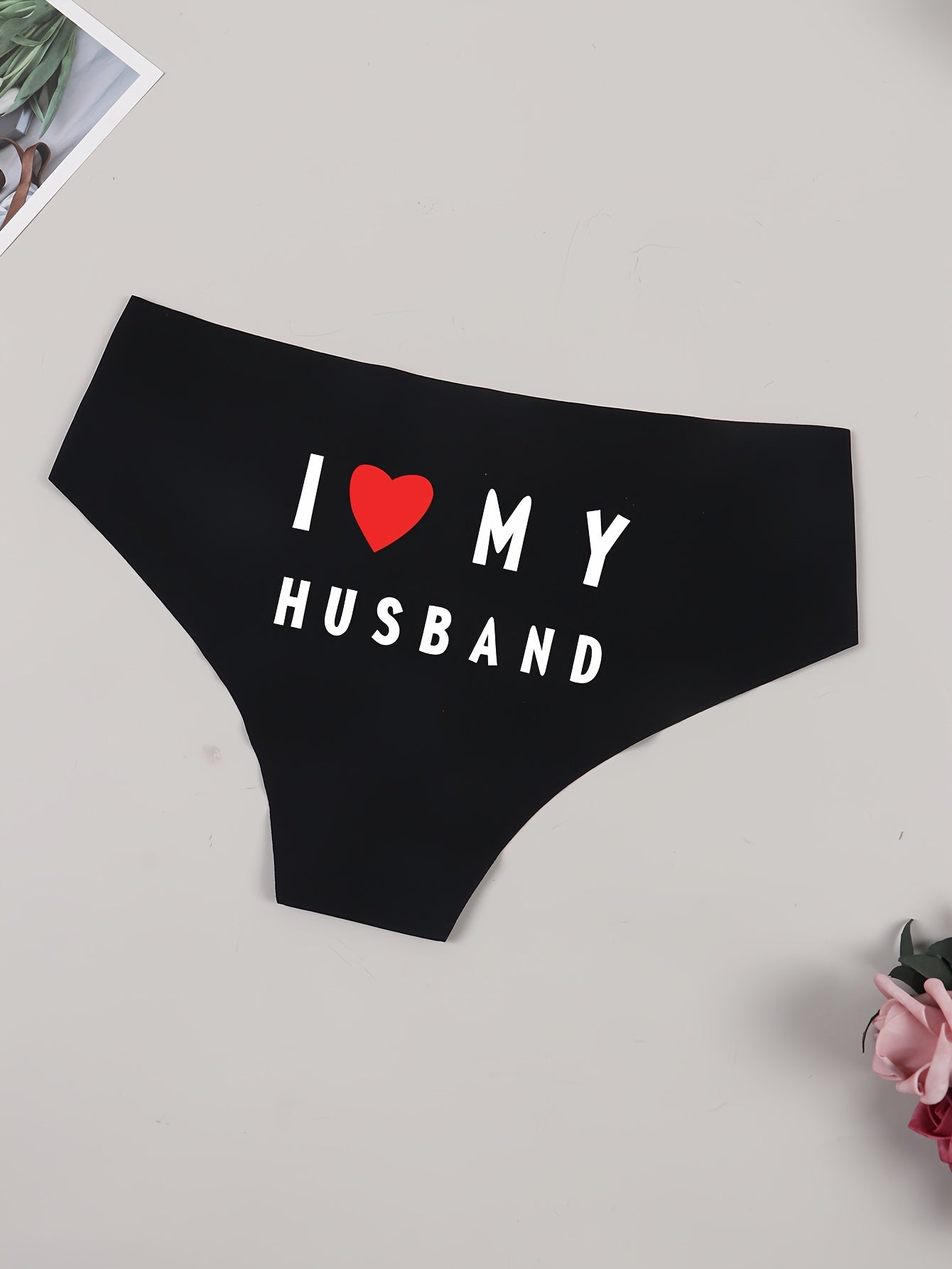 Black Nylon Triangle Thong Lingerie with Glitter Gold I Love My Husband Message