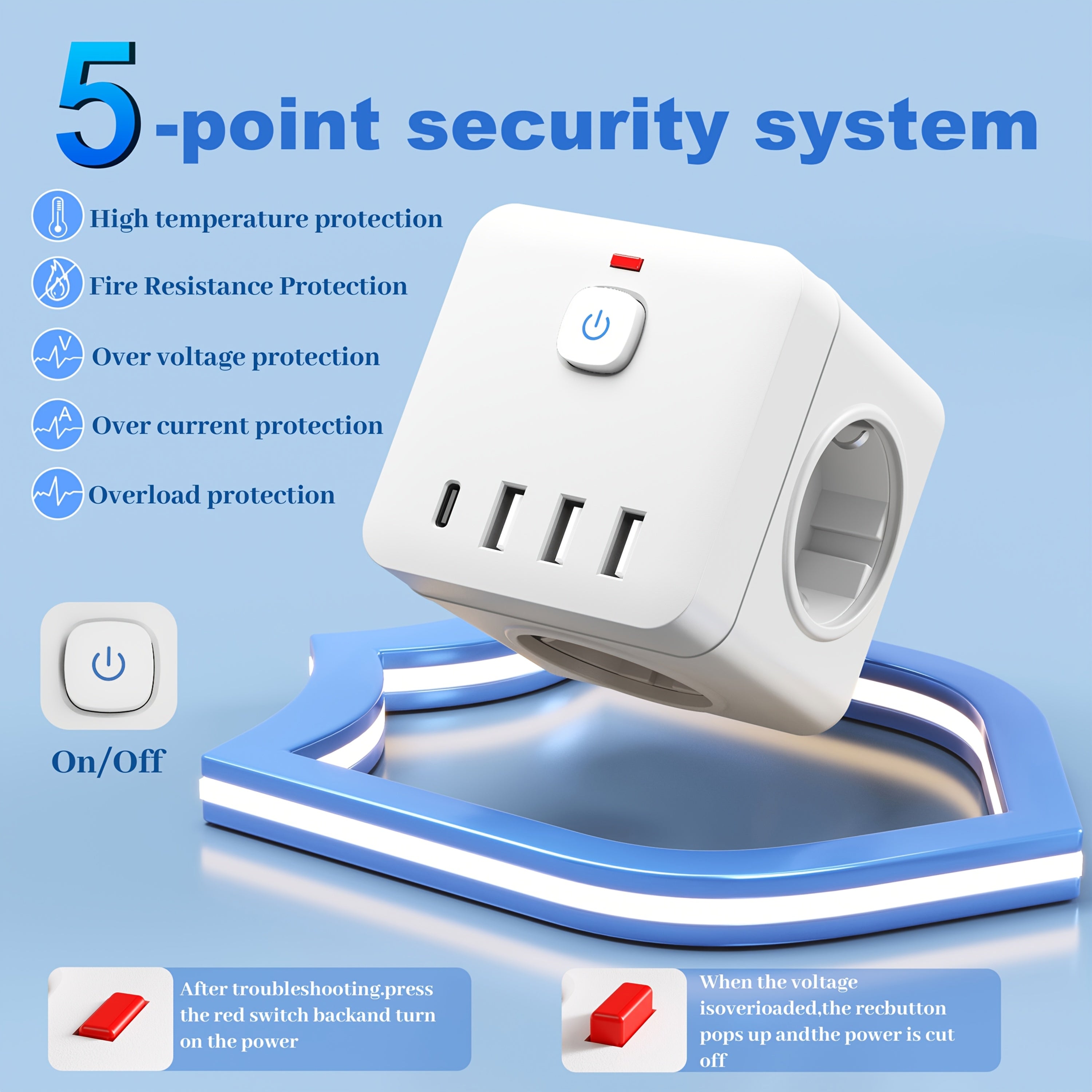 Regleta de 8 en 1 con protección contra sobrecargas, USB Tipo-C, enchufe europeo para hogar, oficina y cocina