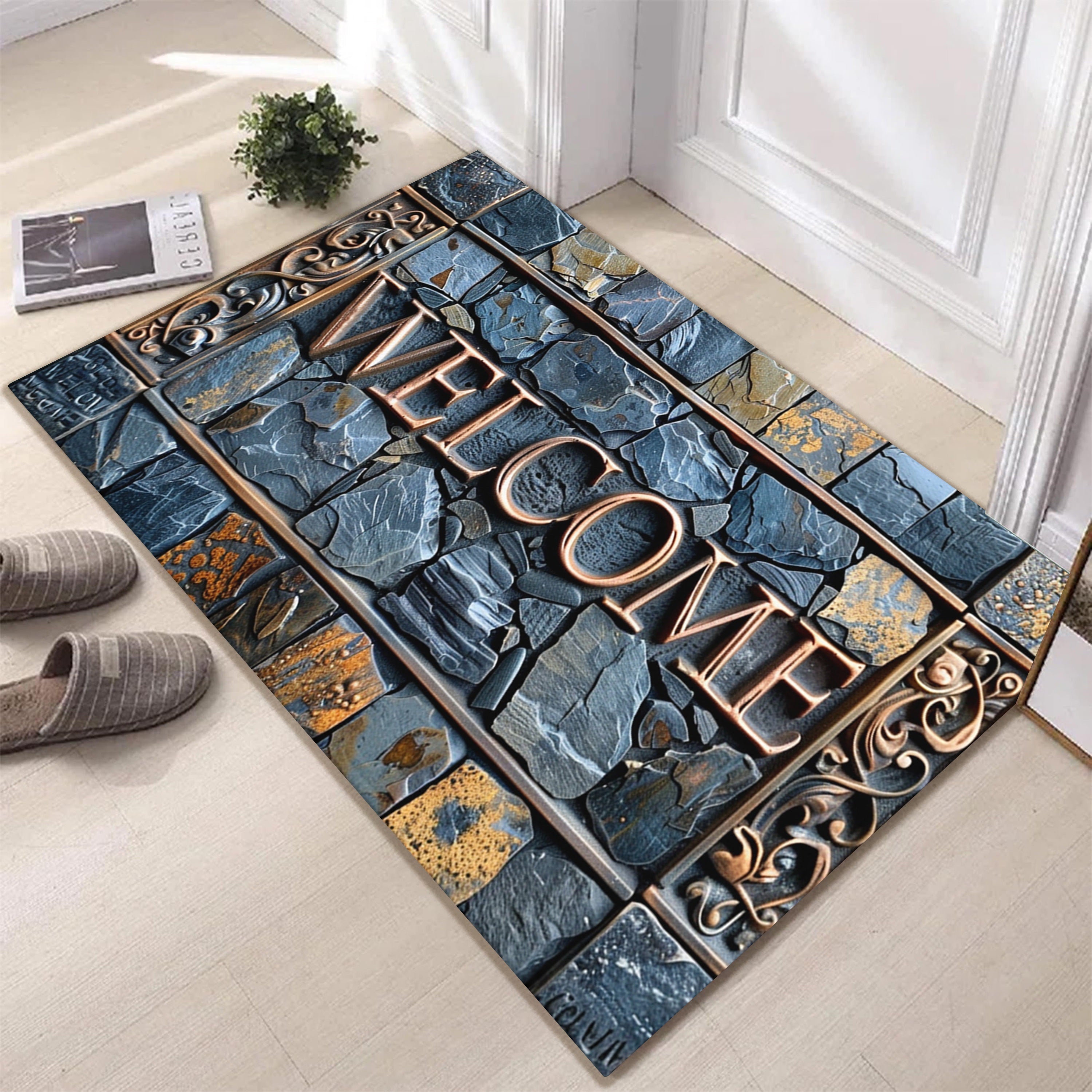 3D Stone Pattern Cobblestone Welcome Mat Waterproof Non-Slip Polyester Entryway Rug