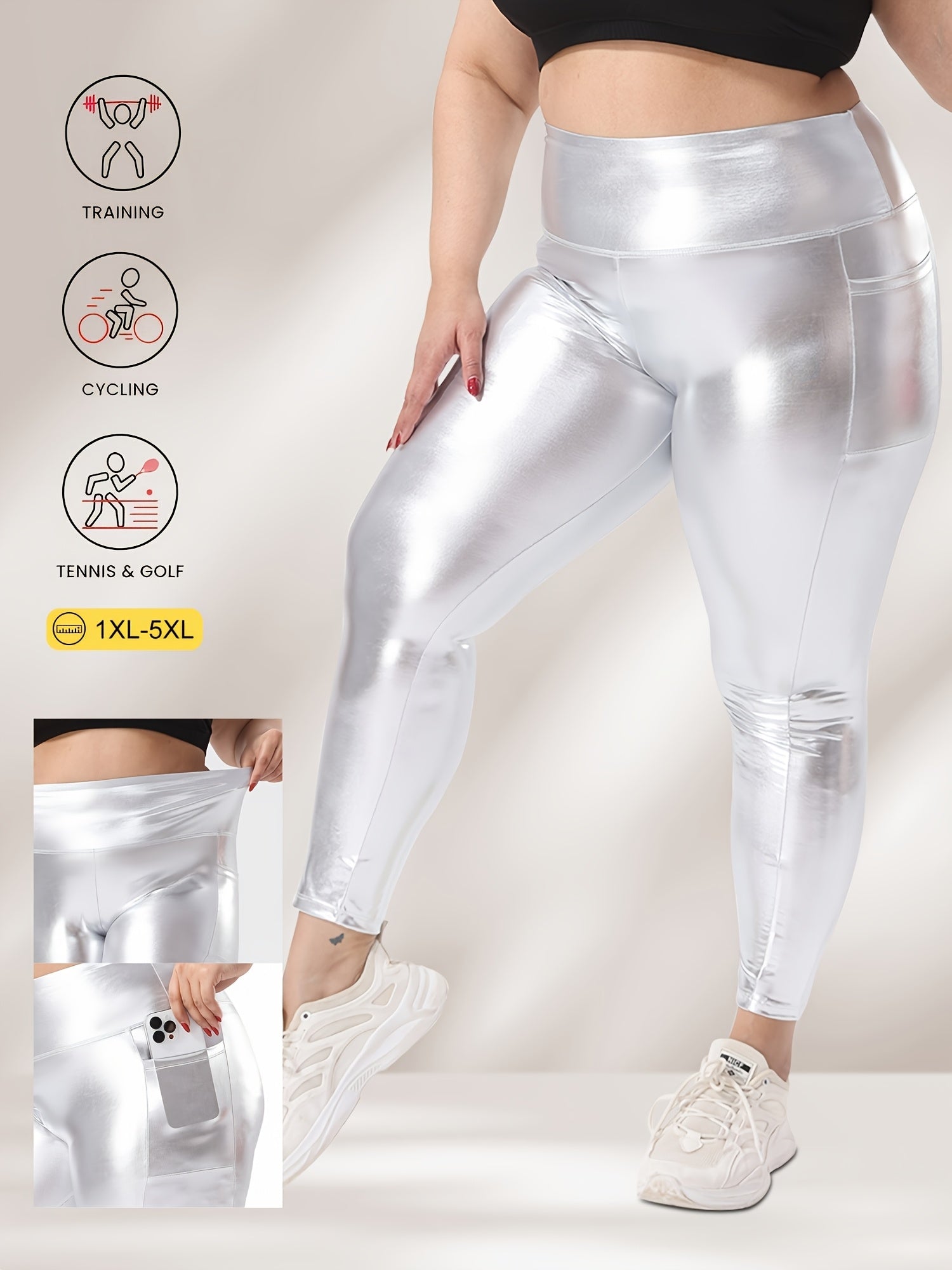 Plus Size Yellow High-Waisted Stretch Leggings 7/8 Yoga Pants With Pockets