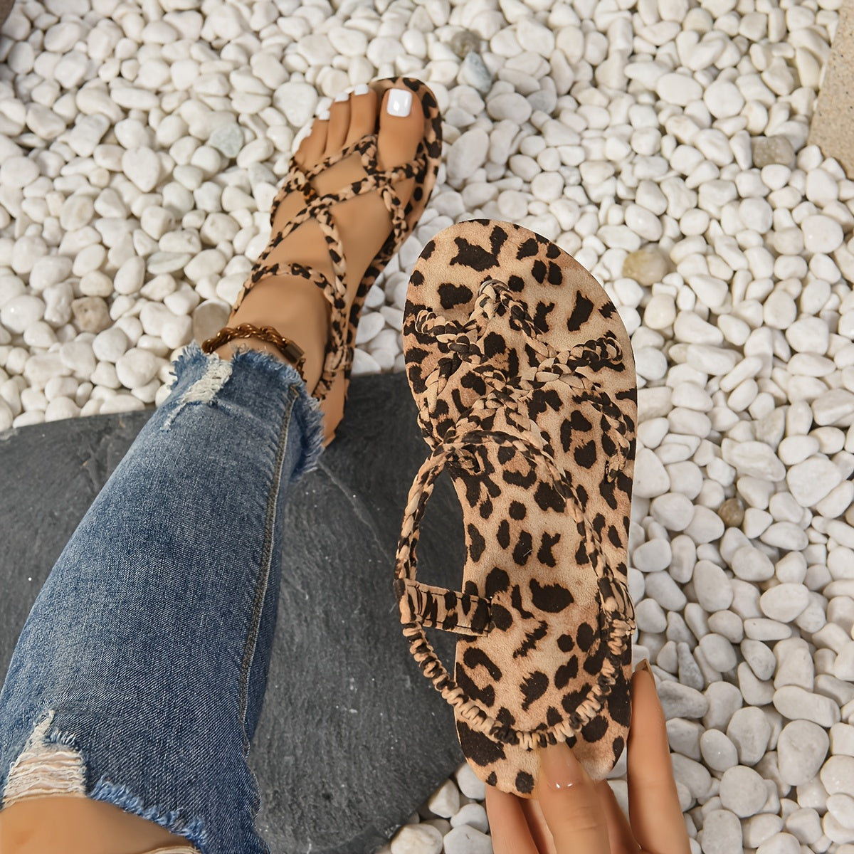 Women's Leopard Print Open Toe Flat Sandals Slip-On Summer Beach Shoes