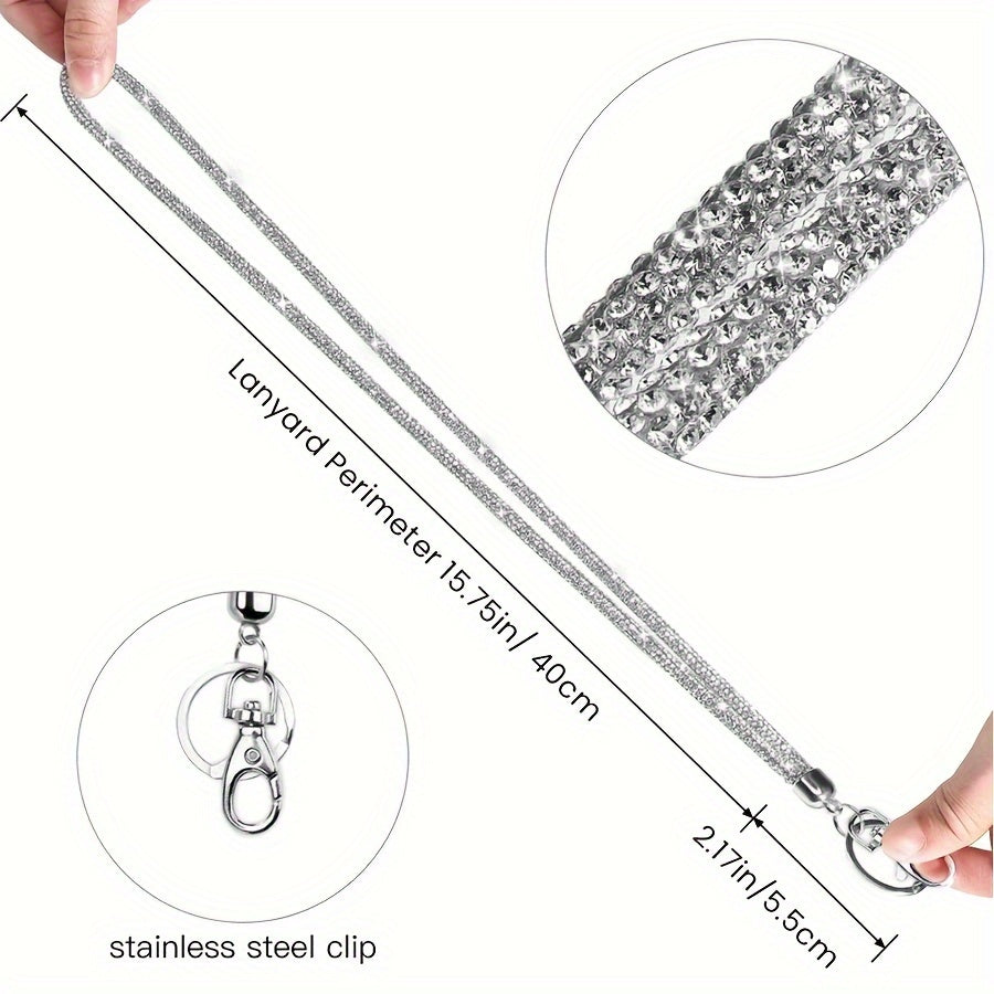 Sparkly Crystal-Studded Office Lanyard with Metal Clasp and Keyring for Women