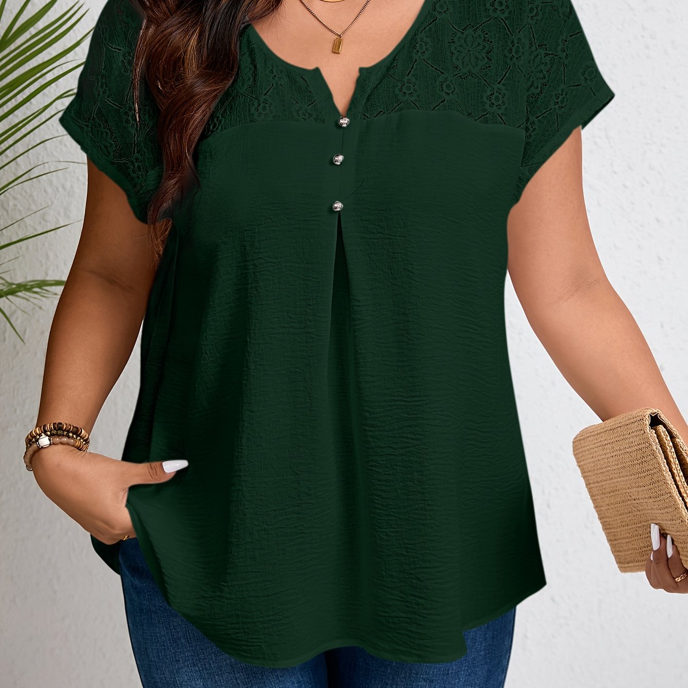 Plus Size Lace Top with Button Details Short Sleeve Notched Neck Spring Summer Elegant