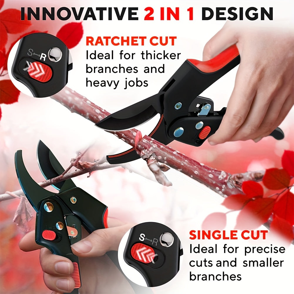 Garden Pruners with Enhanced Grip for Thick Branches, Ergonomic Ratchet, Carbon Steel Blade