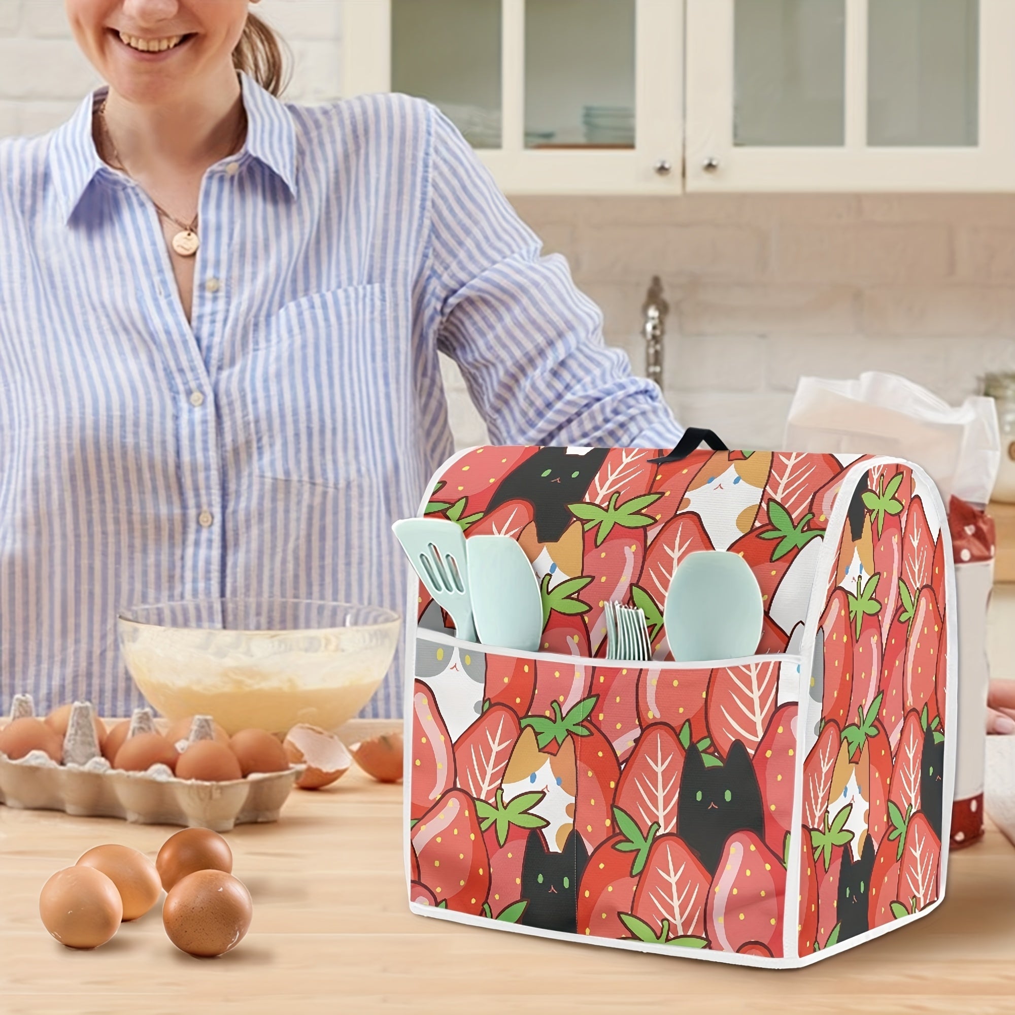 Bodring va mushuk multfilm oshxona texnikasi qoplami 6-8 kvartlik stend mikserlar uchun changdan himoya qiluvchi, yuqori tutqich va cho'ntak bilan