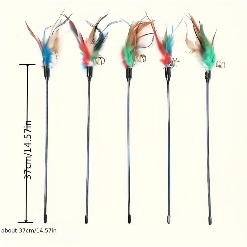 Juguete para gatos 6 campanas pluma mango de plástico teaser resistente a mordiscos para gatos