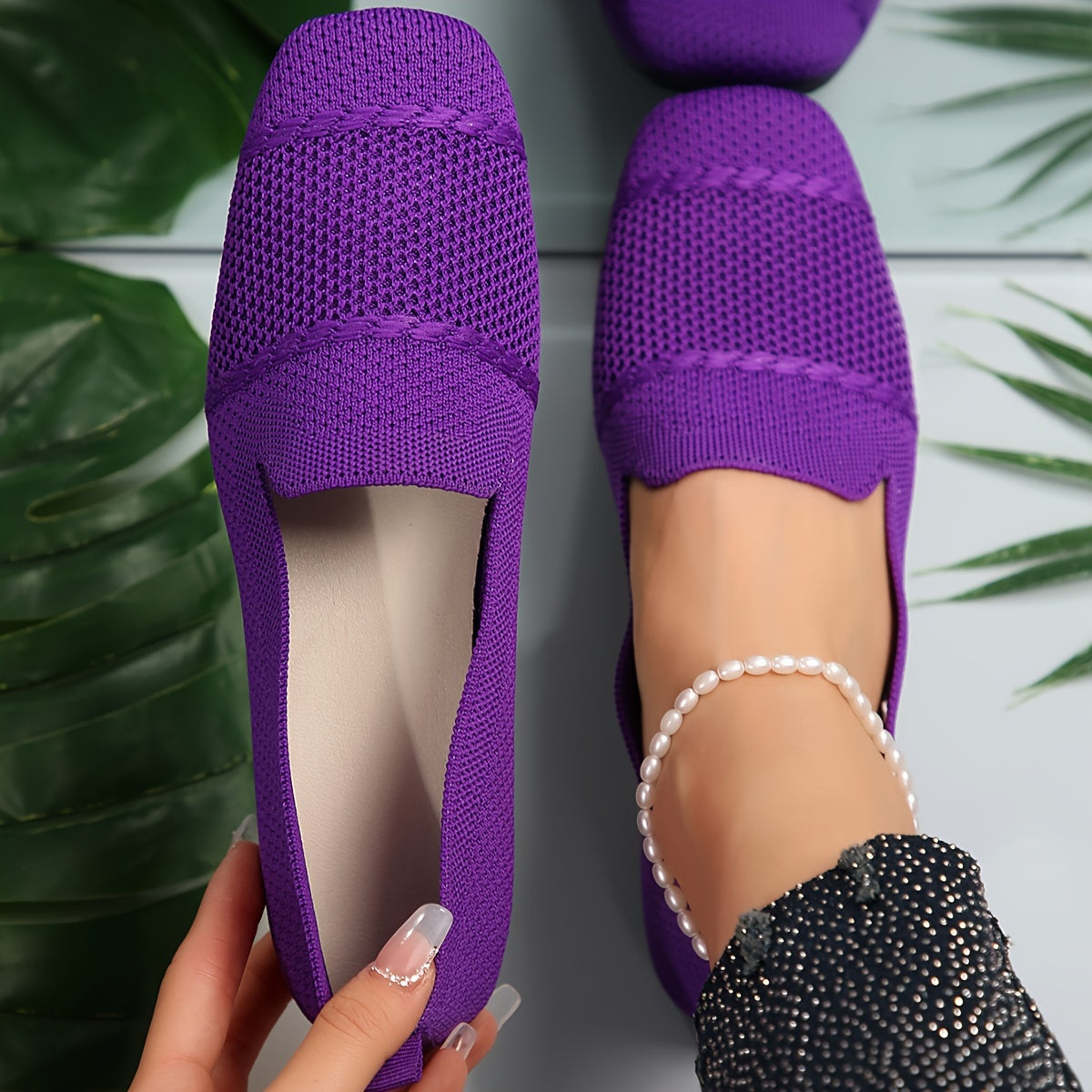 Zapatos de mujer sin cordones con tela de punto transpirable, ligeros, punta cuadrada, para todas las estaciones, ballet