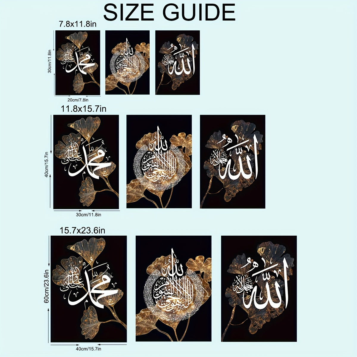 Qora fon ustida oltin barglar va o'rik bargi marmar dizayni bilan islomiy kaligrafiyani aks ettiruvchi poster kanvas rasm, yashash xonasi dekoratsiyasi uchun mos. Ramkasiz.