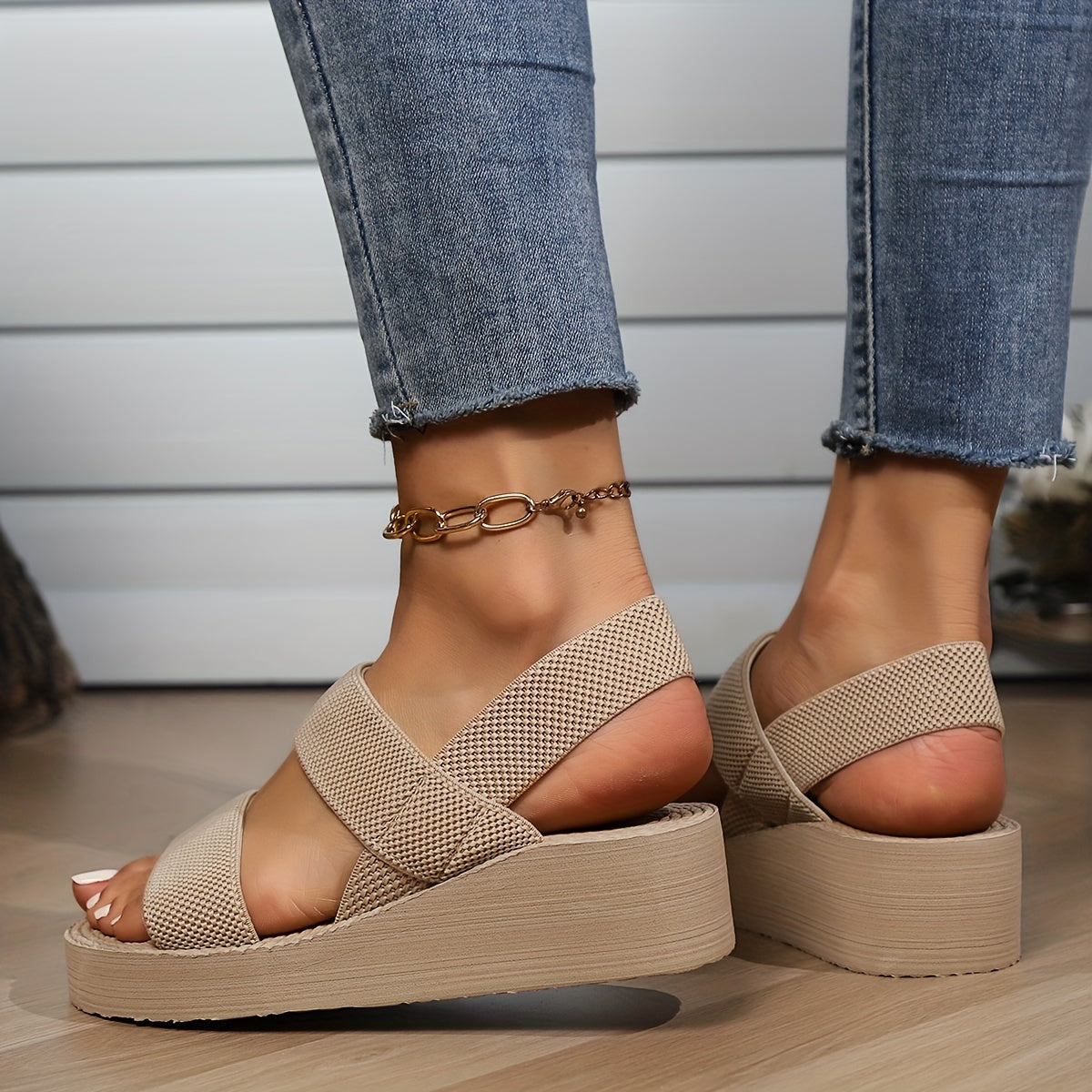 Women's Beige Platform Sandals with EVA Sole for Summer Beach Travel