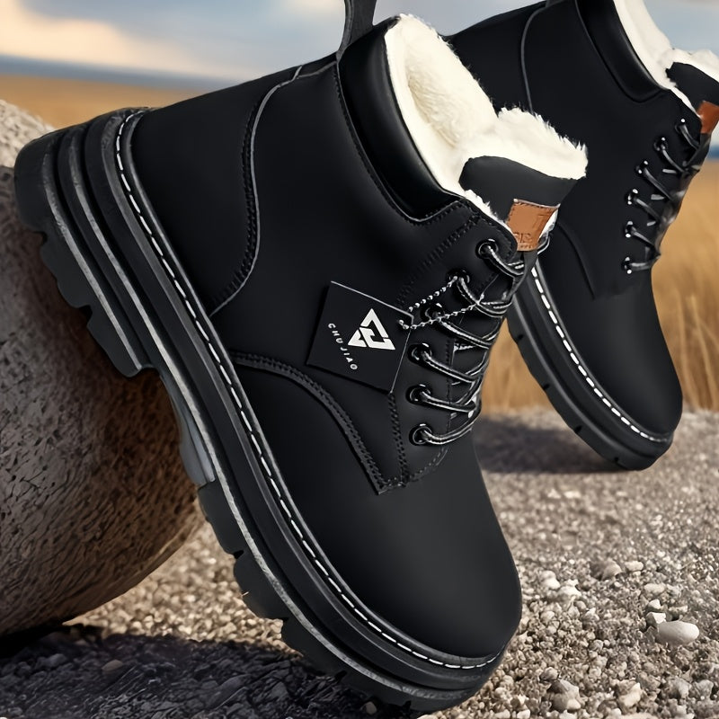 Erkaklar uchun yuqori bo'yli sayohat poyabzallari, ichki qismi to'quv, issiqlik izolyatsiyasi, mustahkam PU yuqori qismi, PVC taglik va doira barmoq dizayni bilan qishki ochiq havoda faoliyatlar uchun tasodifiy Britaniya uslubida. Sovuq ob-havo