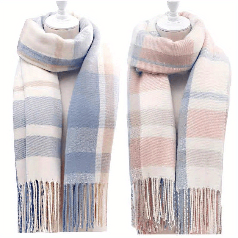 Stylish British-Inspired Plaid Scarf Set for Couples Warm Winter Shawls Blue White Pink