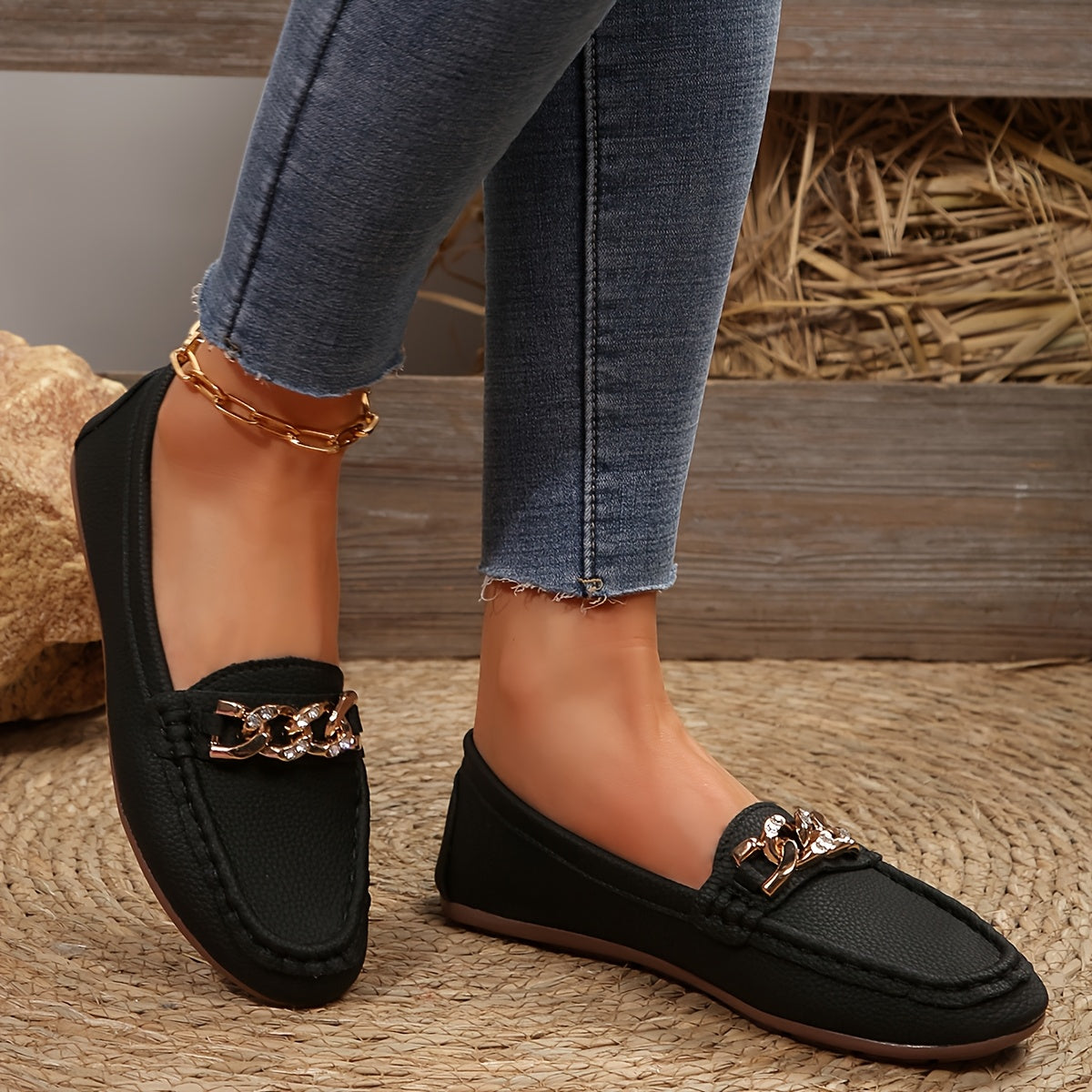 Women's White Faux Cover Loafers with Gold Chain Slip-On Flats