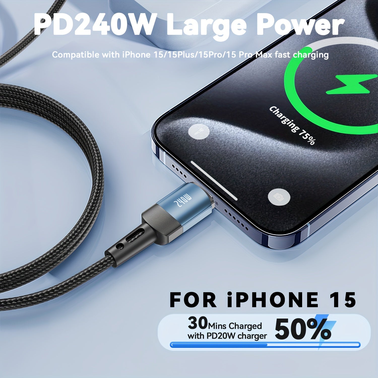 USB C to USB C Cable 240W Fast Charging Nylon Flat Matte for Phones and Devices