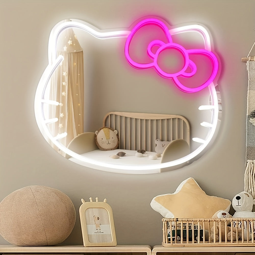 Hello Kitty Neon Sign Mirror with Dimmable LED Light for Bedroom Living Room Kid's Room