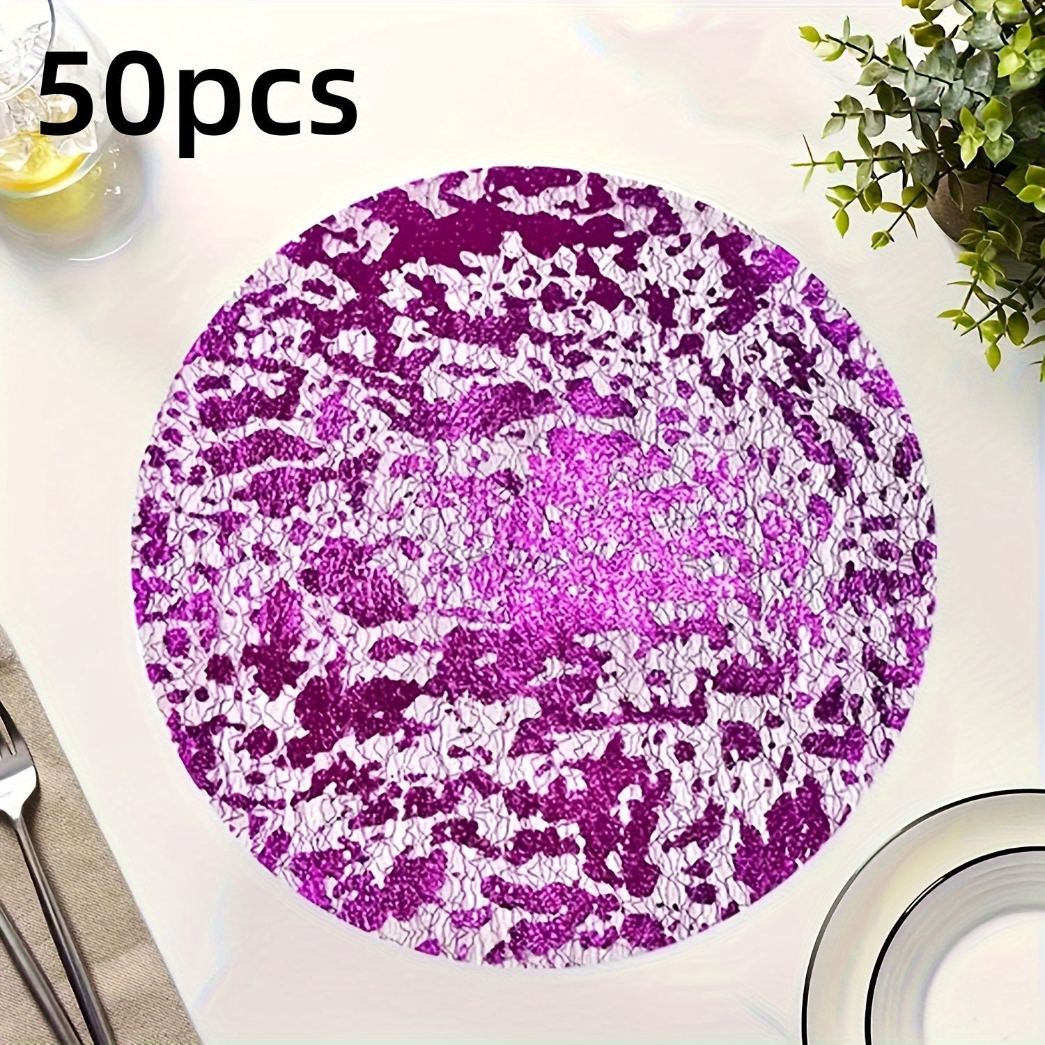 Set of 12 24 or 50 Disposable Round Glitter Foil Placemats Blue and Purple