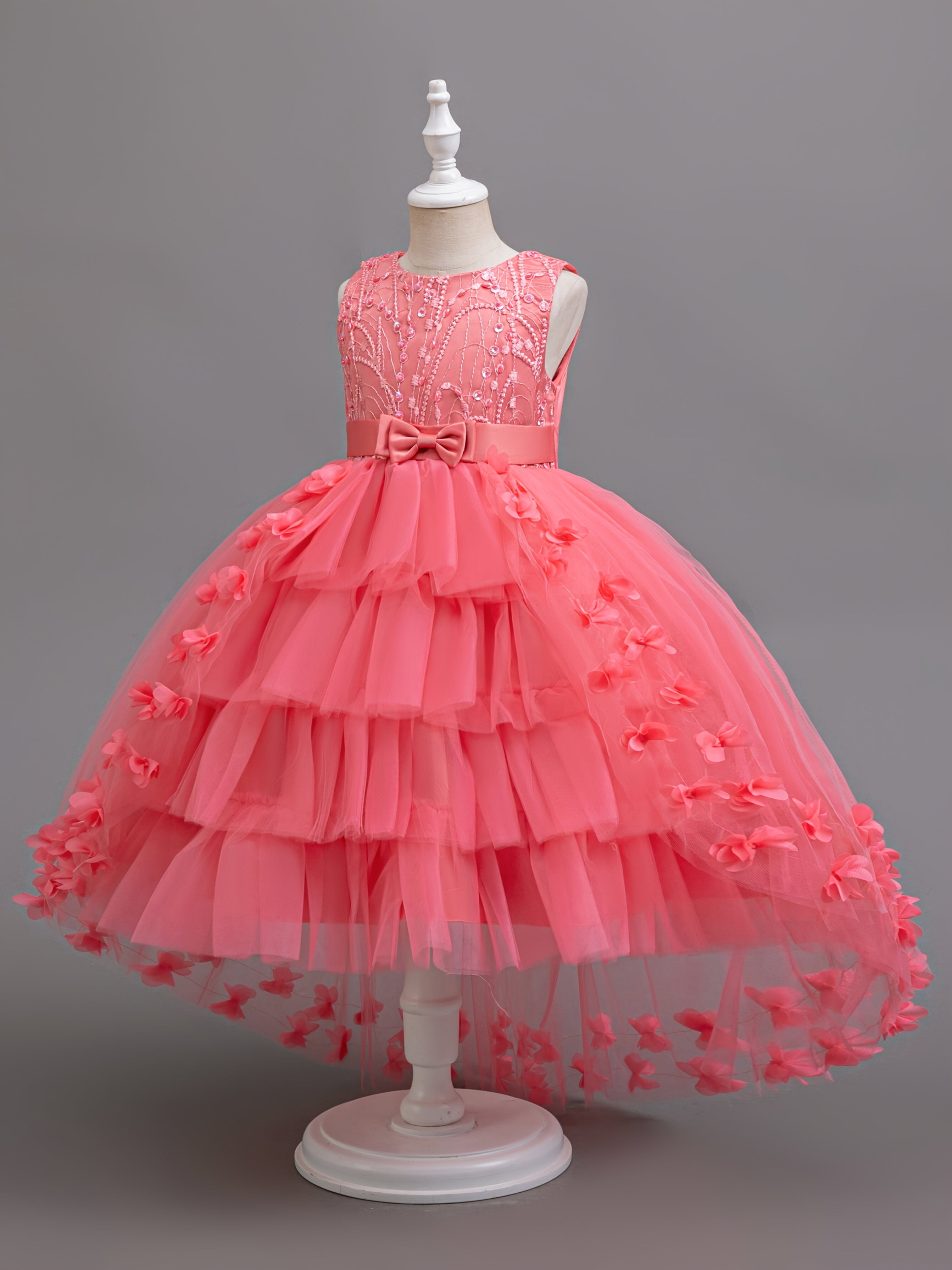 Girls Navy Blue Floral Princess Dress Sleeveless Midi Sequin Beaded Tulle for Special Occasions