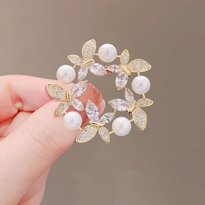 Butterfly and Floral Wreath Brooch Gold Tones Rhinestones Pearls Dress Hat Bag Accessories