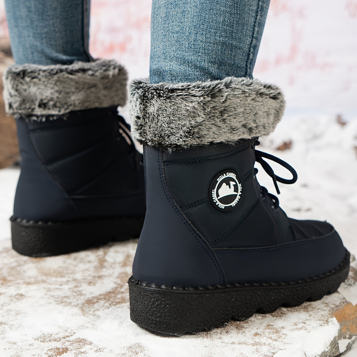 Women's Winter Snow Boots Mid-Calf Casual Solid Color Lace-Up Wedge
