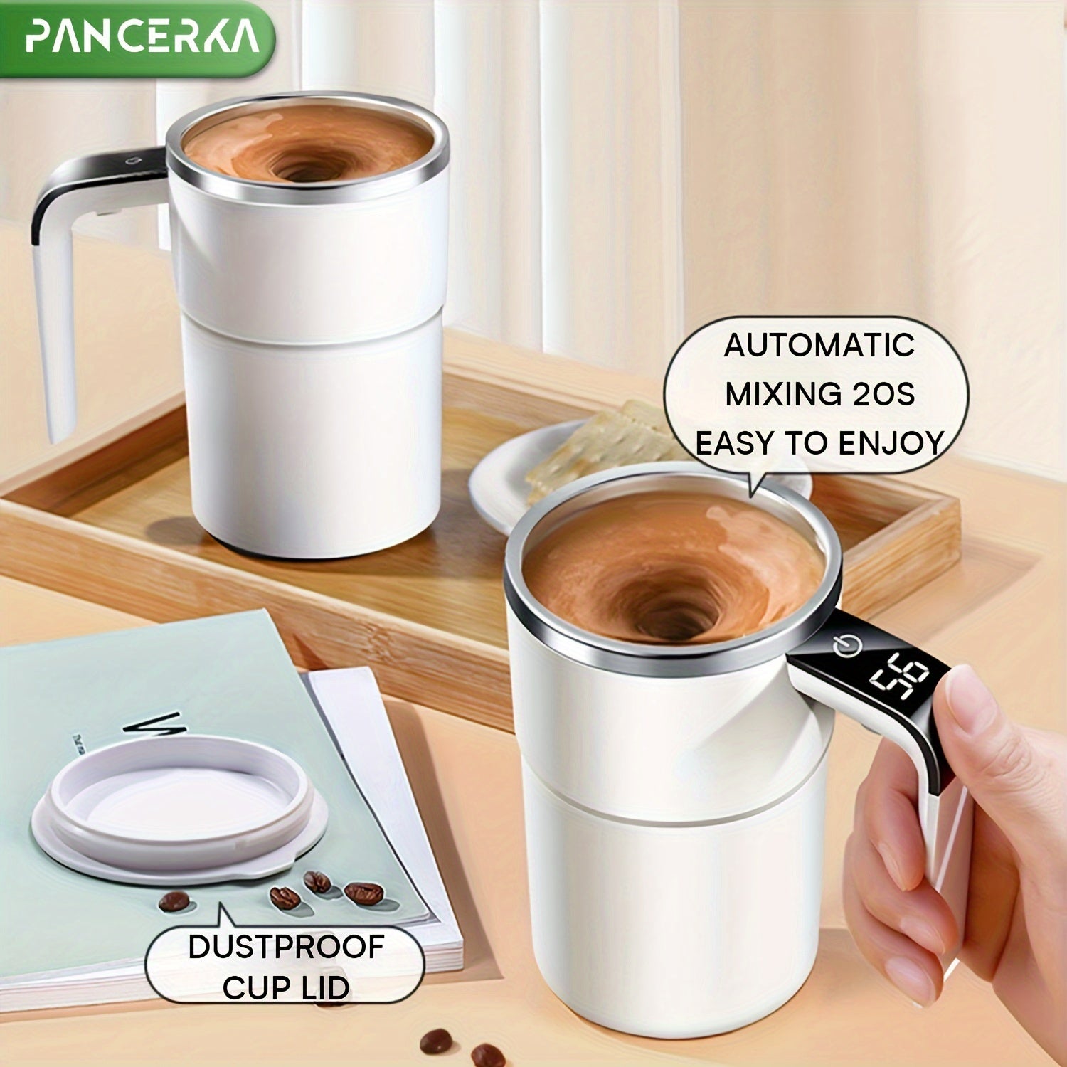 Self-Stirring Coffee Mug with Temperature Display USB Rechargeable Travel Tumbler for Hot Drinks