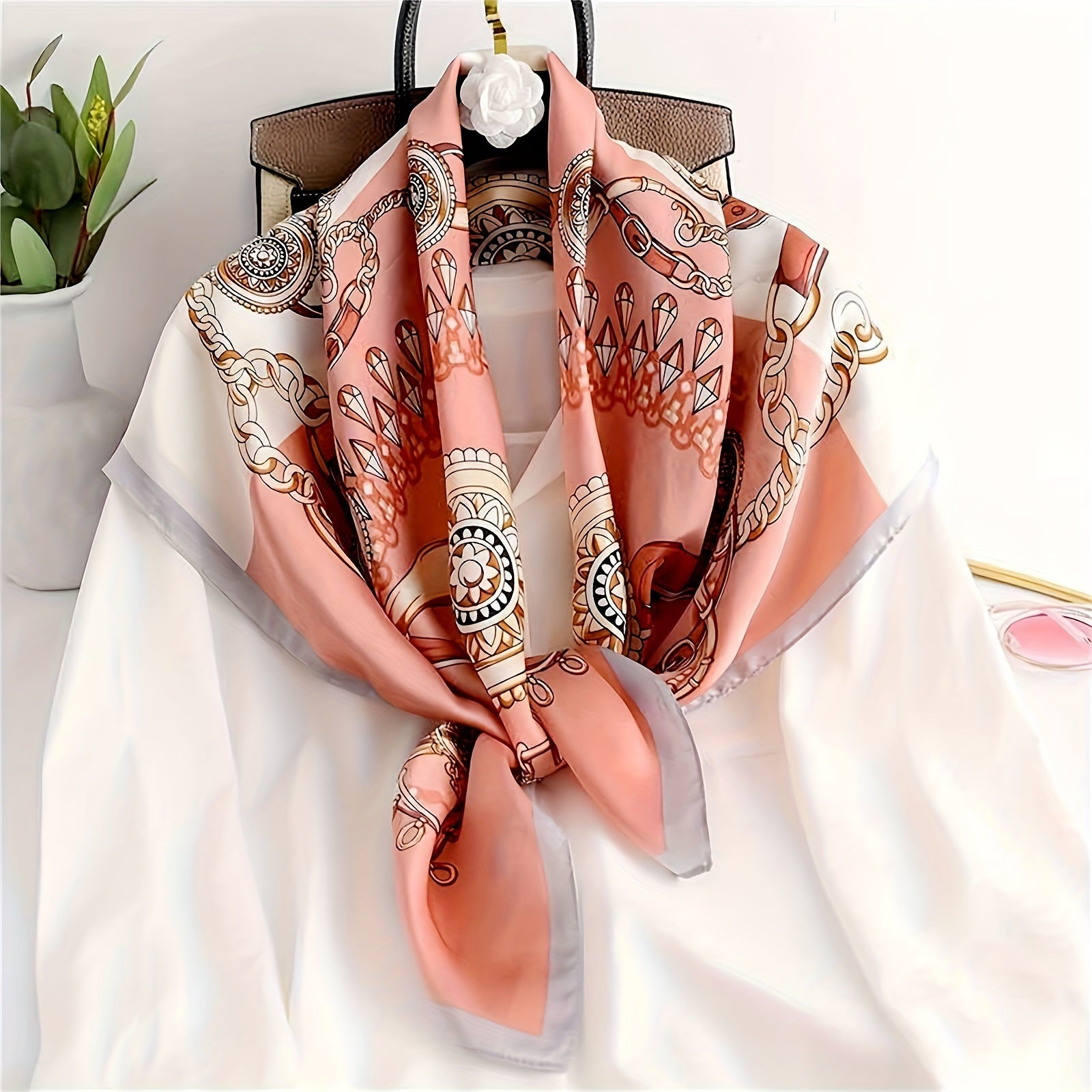 89.99cm Satin Square Scarf with Multicolor Prints Summer Sunscreen Shawl Windproof Head Wrap