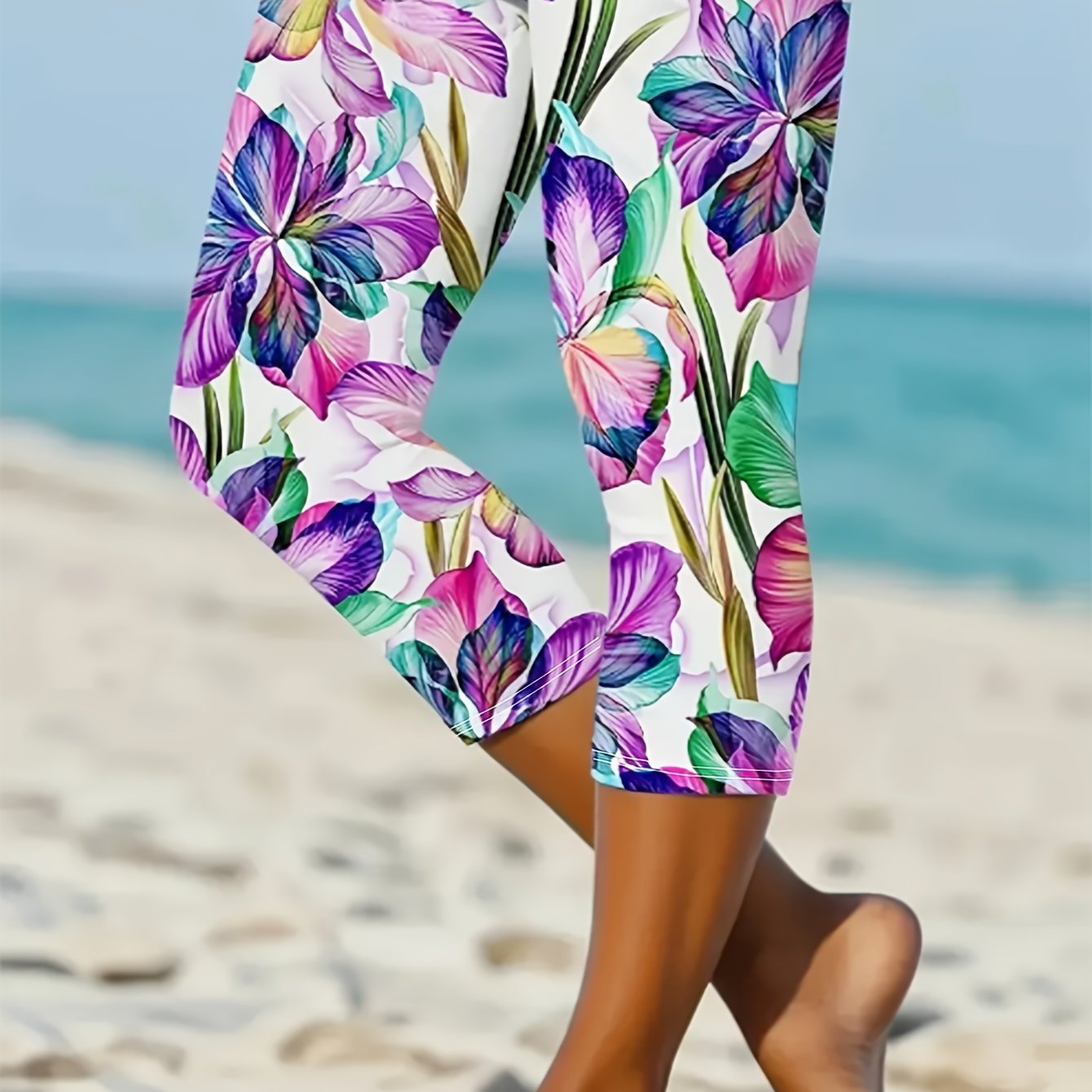 Women's Plus Size Floral Print Capri Leggings Stretchy Yoga Pants