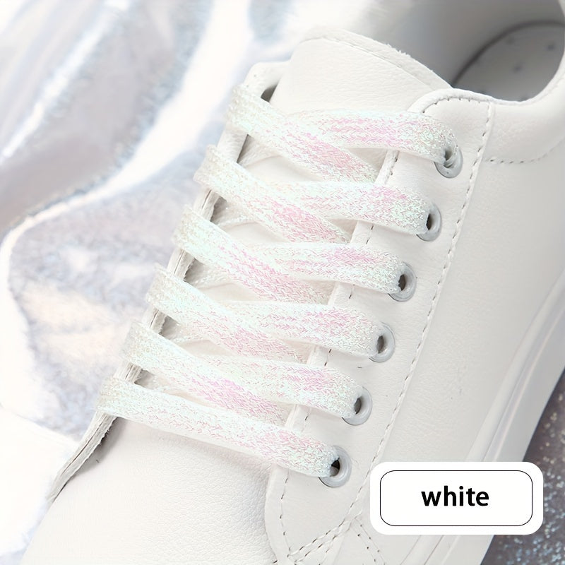 Women's White Canvas Sneakers with Colorful Sparkling Shoelaces