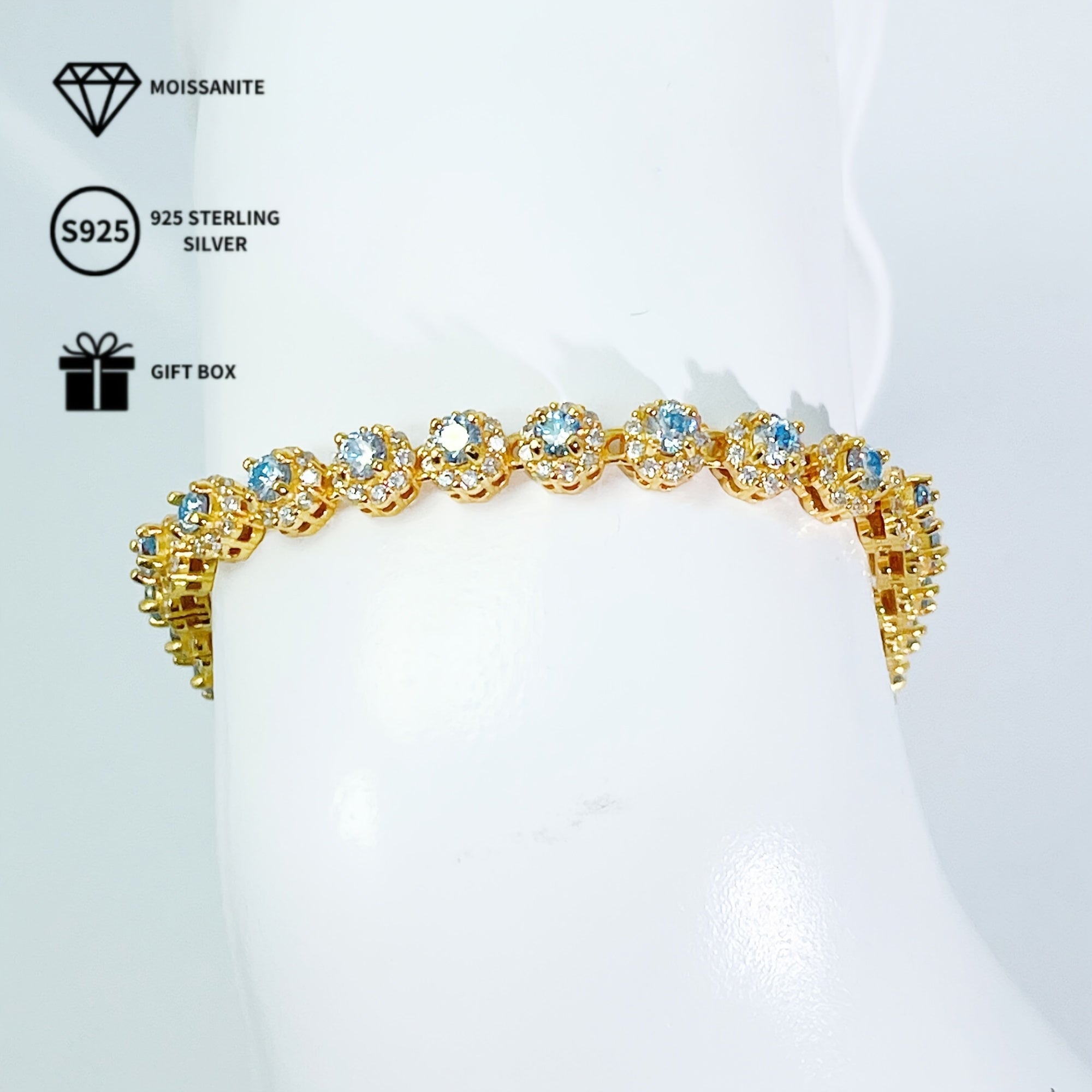 Sterling Silver Bracelet with Blue Moissanite 0.1 Carat for Engagement and Gift