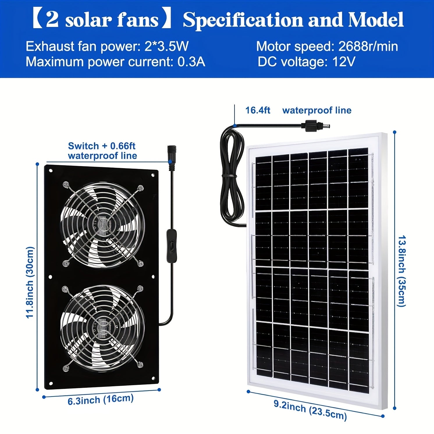 15W Solar Panel Dual 12V Attic Ventilation Fans for Loft Shed Barn Chicken Coop
