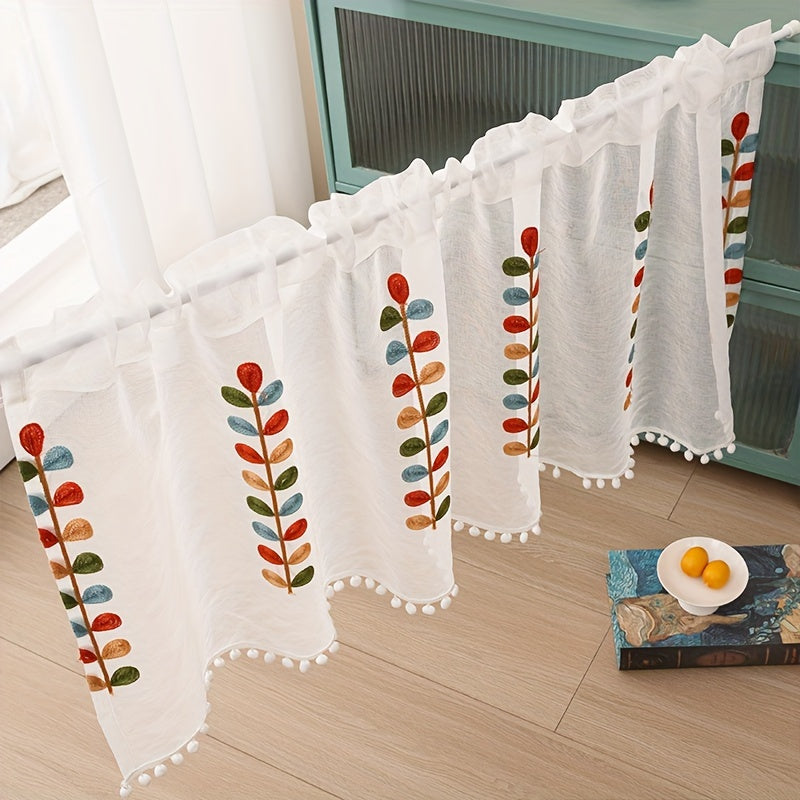 Solid Color Leaf Design Cafe Curtain Short Rod Pocket Kitchen Office Home Decor