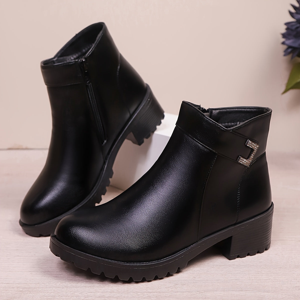 Women's Ankle Zipper Boots Faux Cover PU Sole Black Casual All-Season