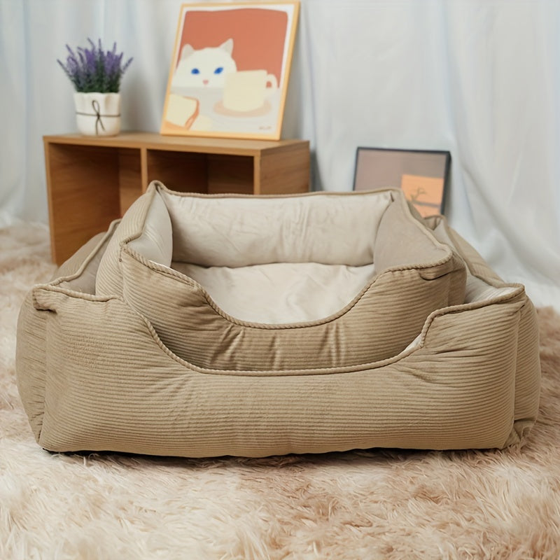 Square Pet Bed for Medium to Large Dogs Beige Warm Polyester Fiber Cushion Winter Comfort