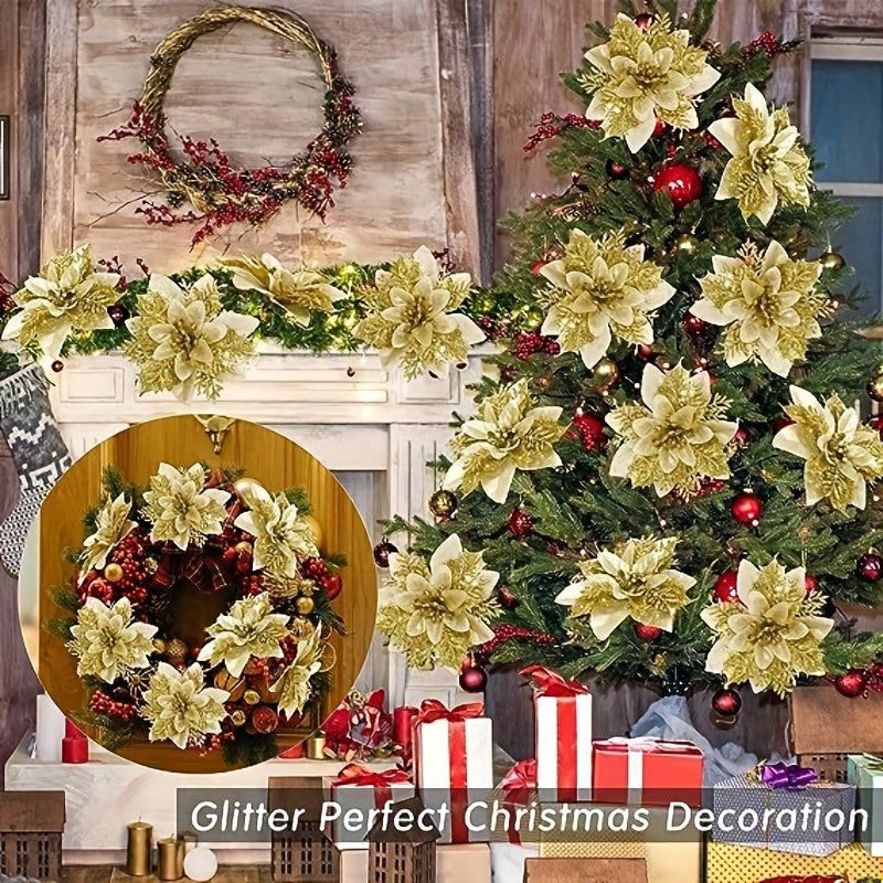 10 Golden and Silvery Artificial Christmas Decorations with Red Flowers Ornaments and Wreaths