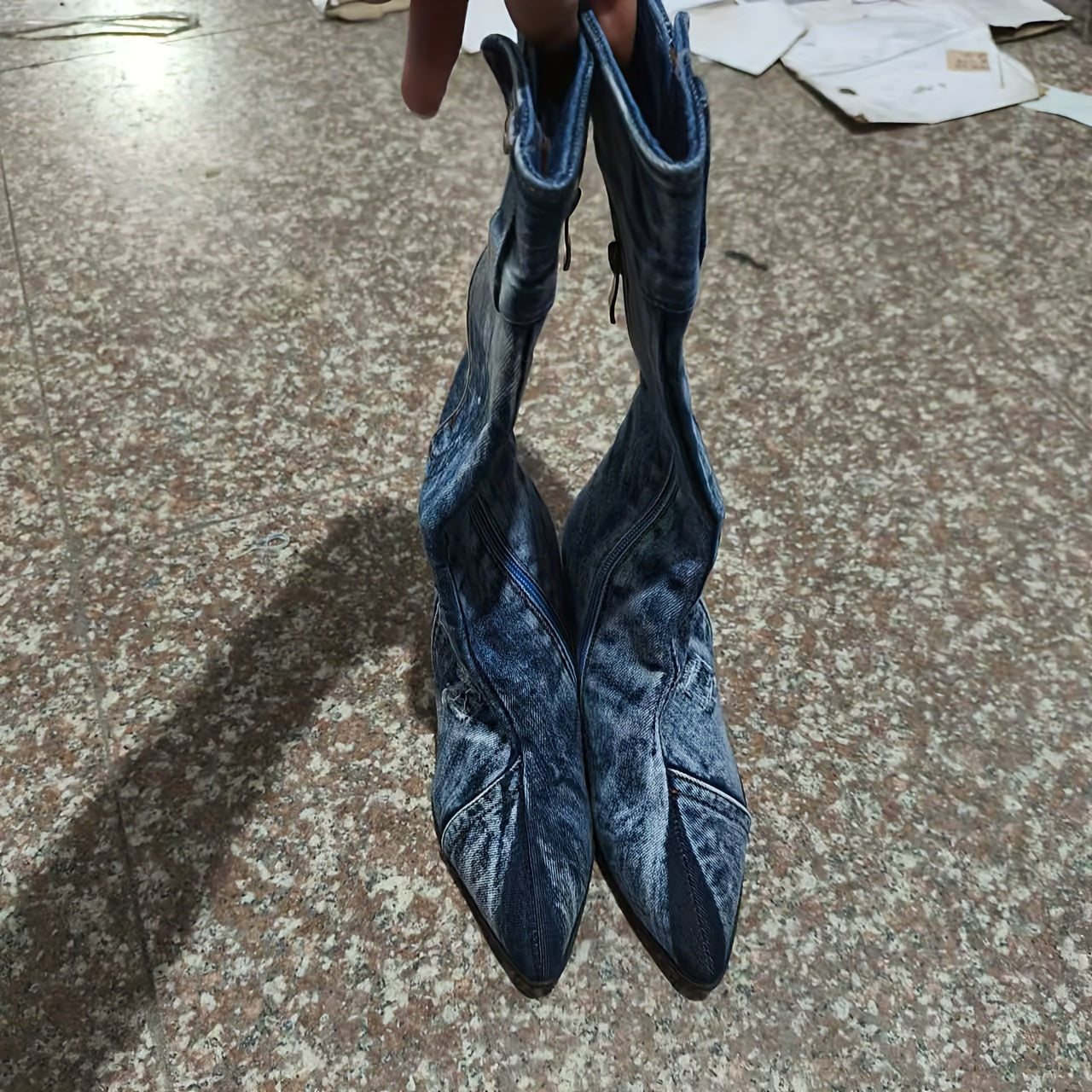 Women's Microfiber Side Zipper Boots Mid Heel Denim Spring Autumn