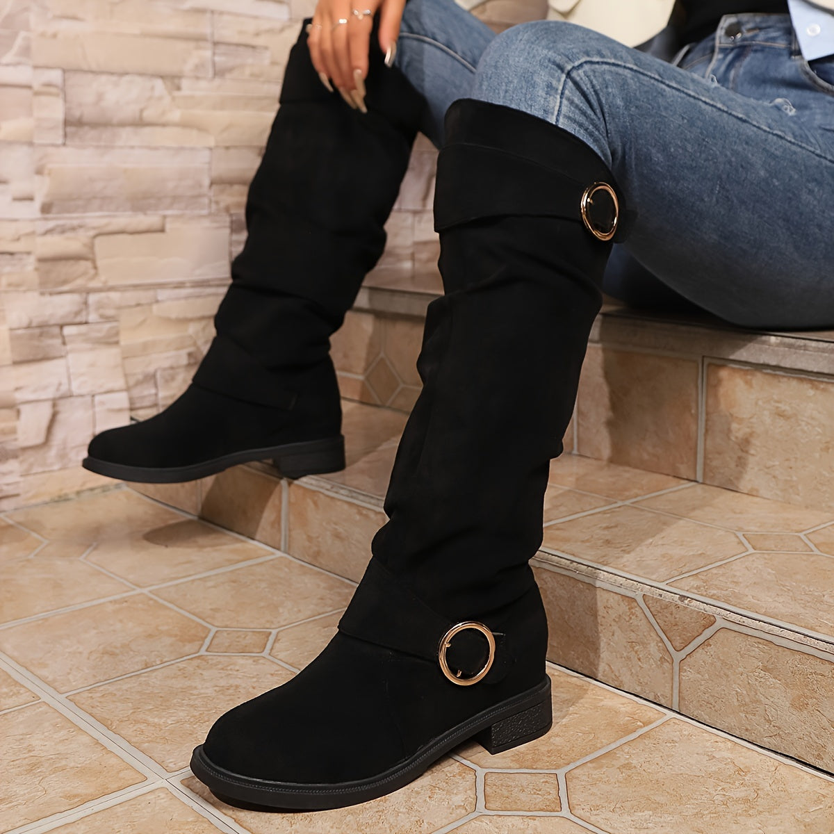 Women's Solid Color Knee-High Boots with Buckle Belt Chunky Heel