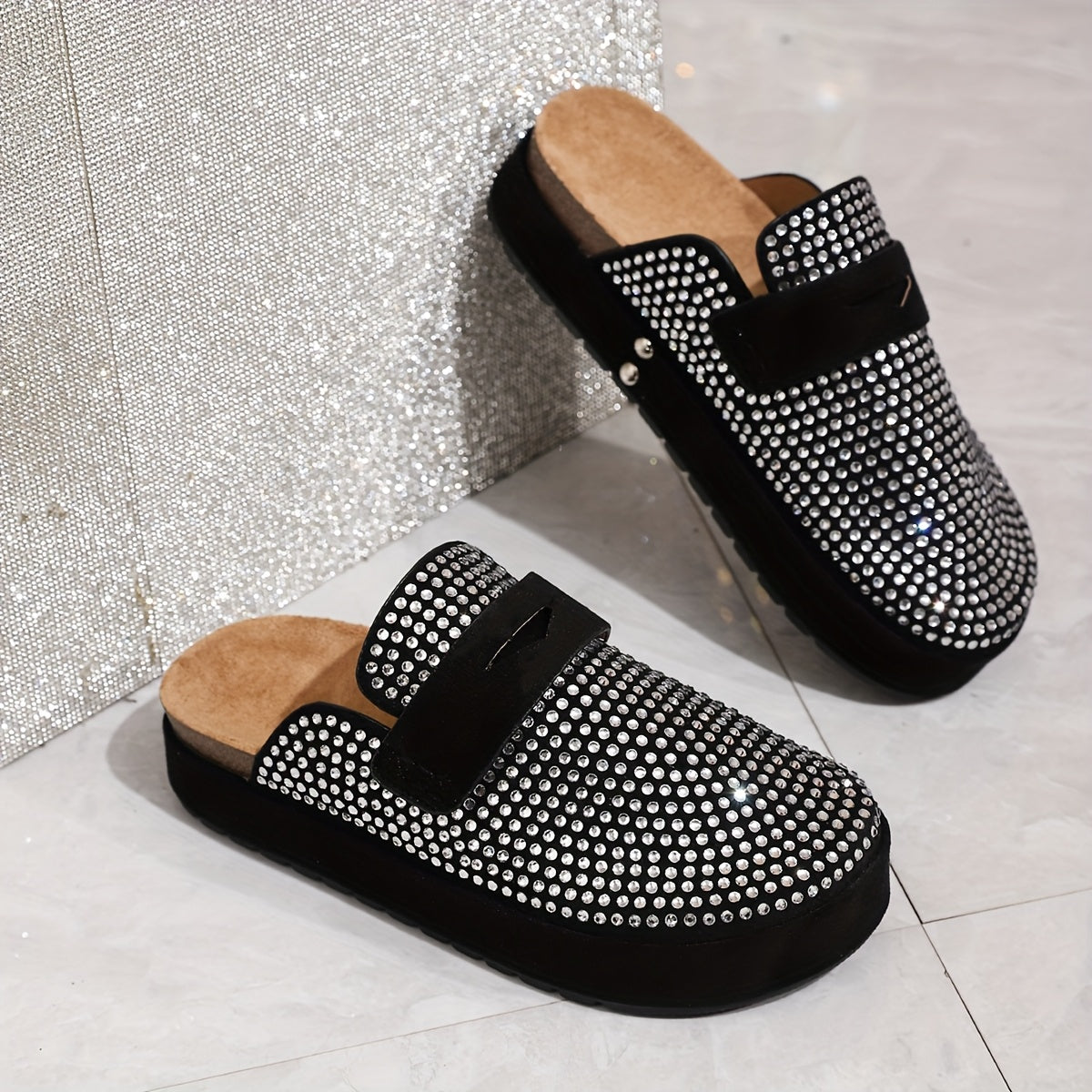 Women's Rhinestone Black Slip-On Mules with Thick Rubber Sole and Round Toe