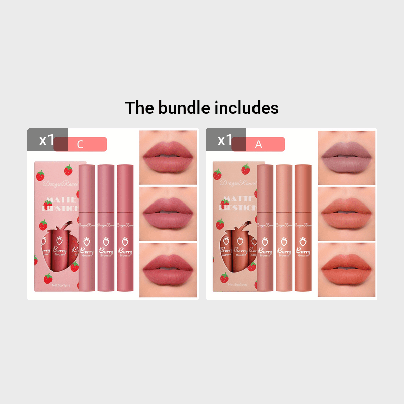 Set de 3 glosses de labios mate de terciopelo para mujer, colores fresa, no pegajoso