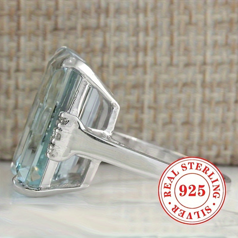 Sterling Silver Anniversary Ring with Aquamarine Synthetic Gemstone for Women