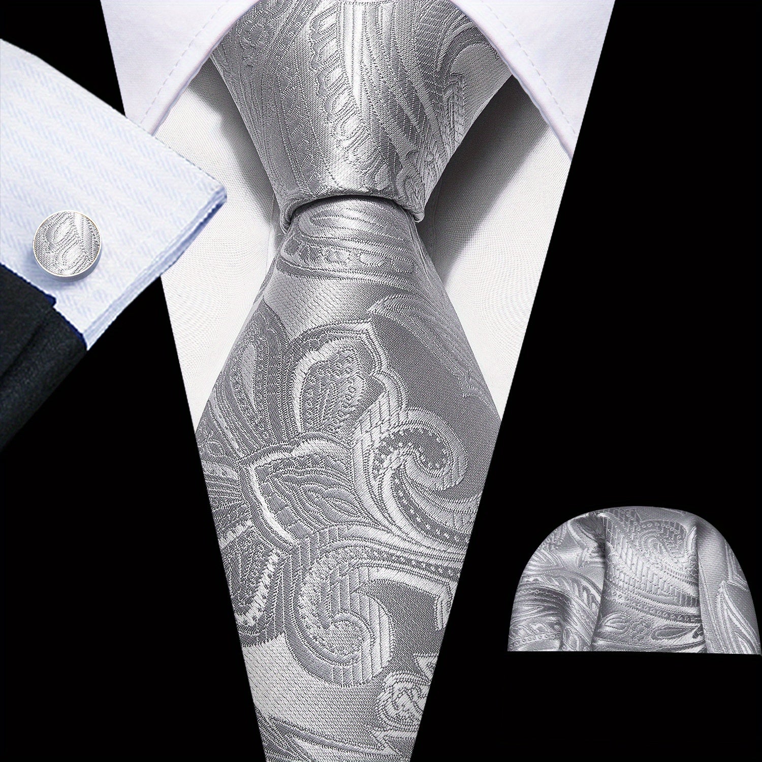 Men's Green Paisley Jacquard Tie Set with Pocket Square and Cufflinks for Weddings and Parties