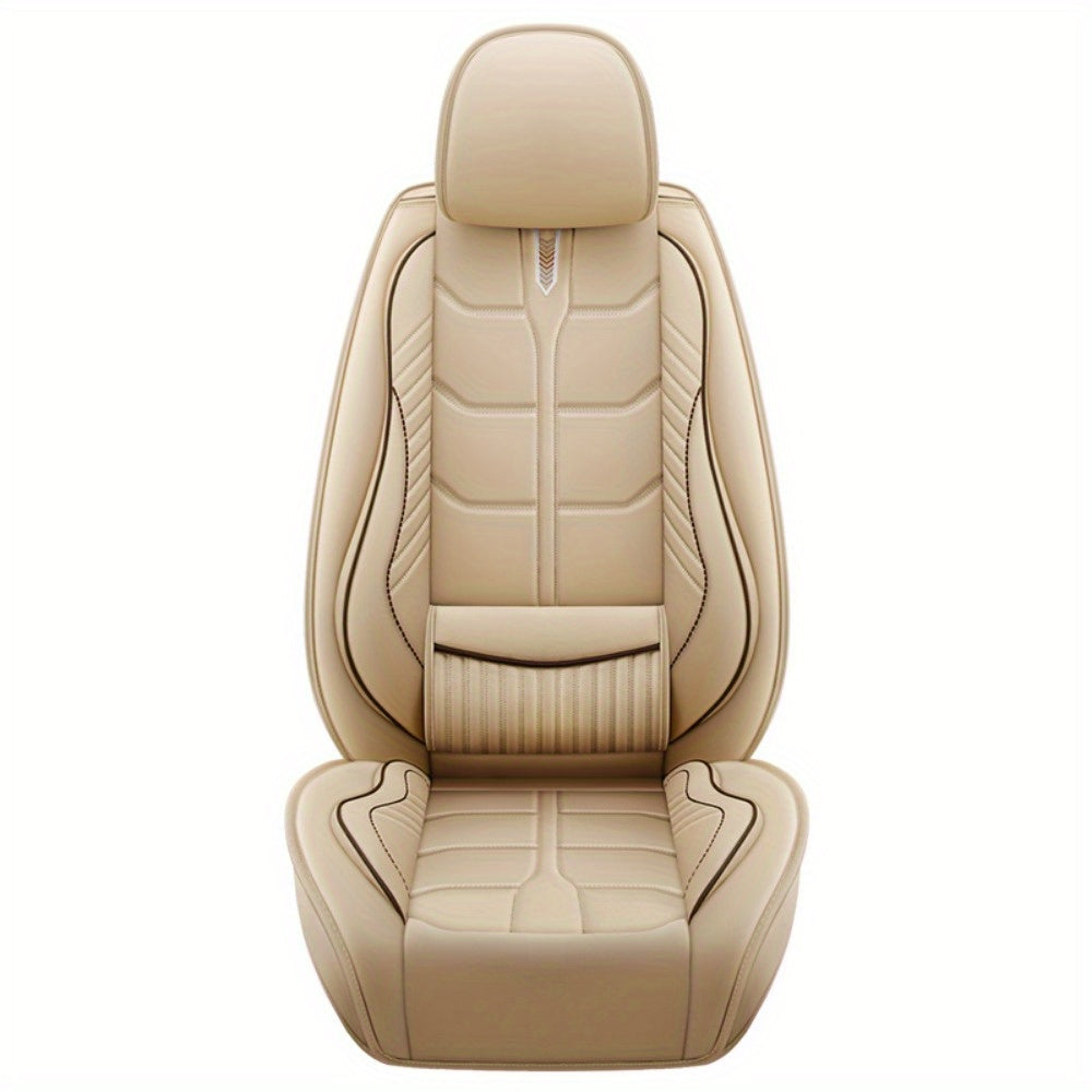Universal Car Seat Cover Full Set Waterproof PU Leather Beige Full Coverage