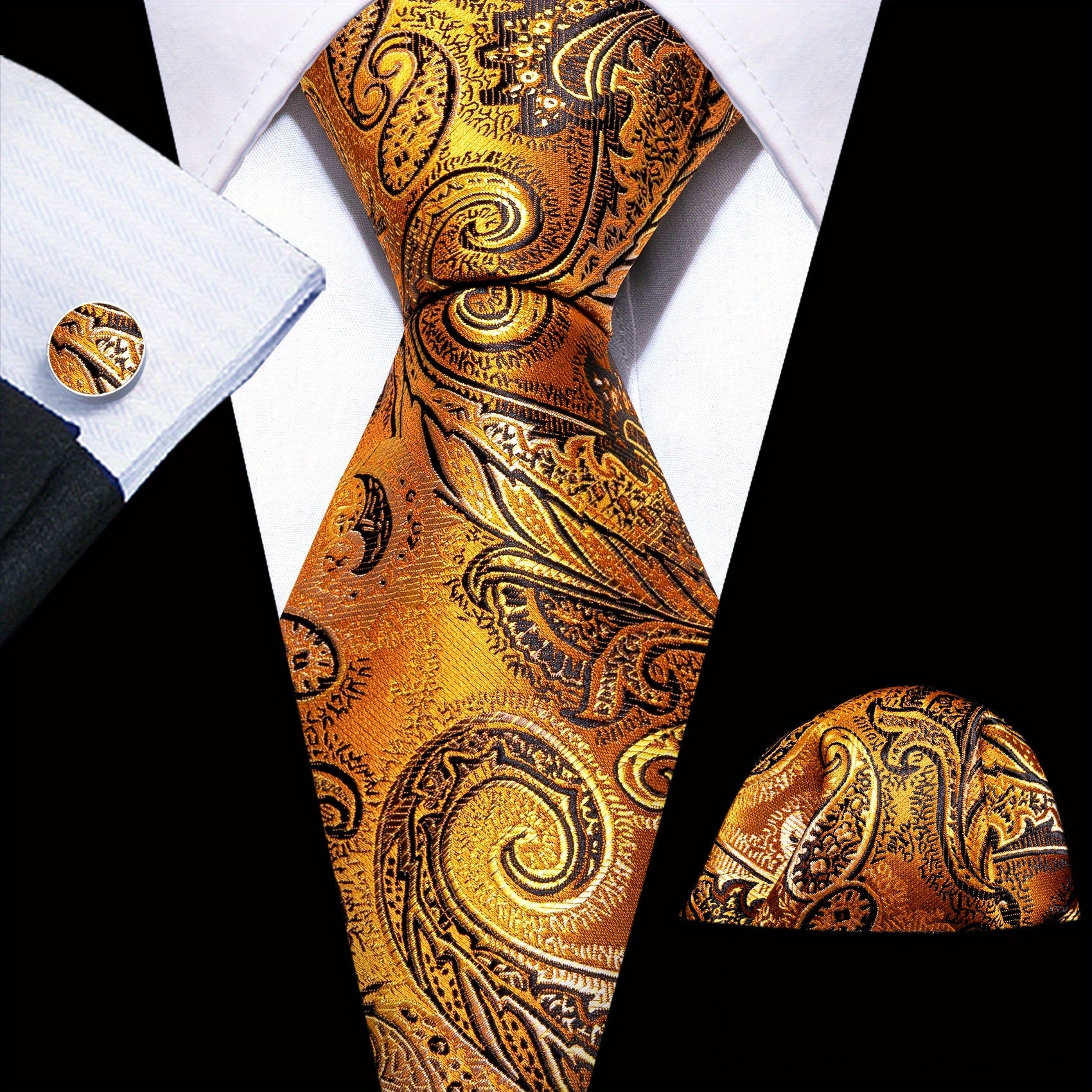 Men's Green Paisley Jacquard Tie Set with Pocket Square and Cufflinks for Weddings and Parties