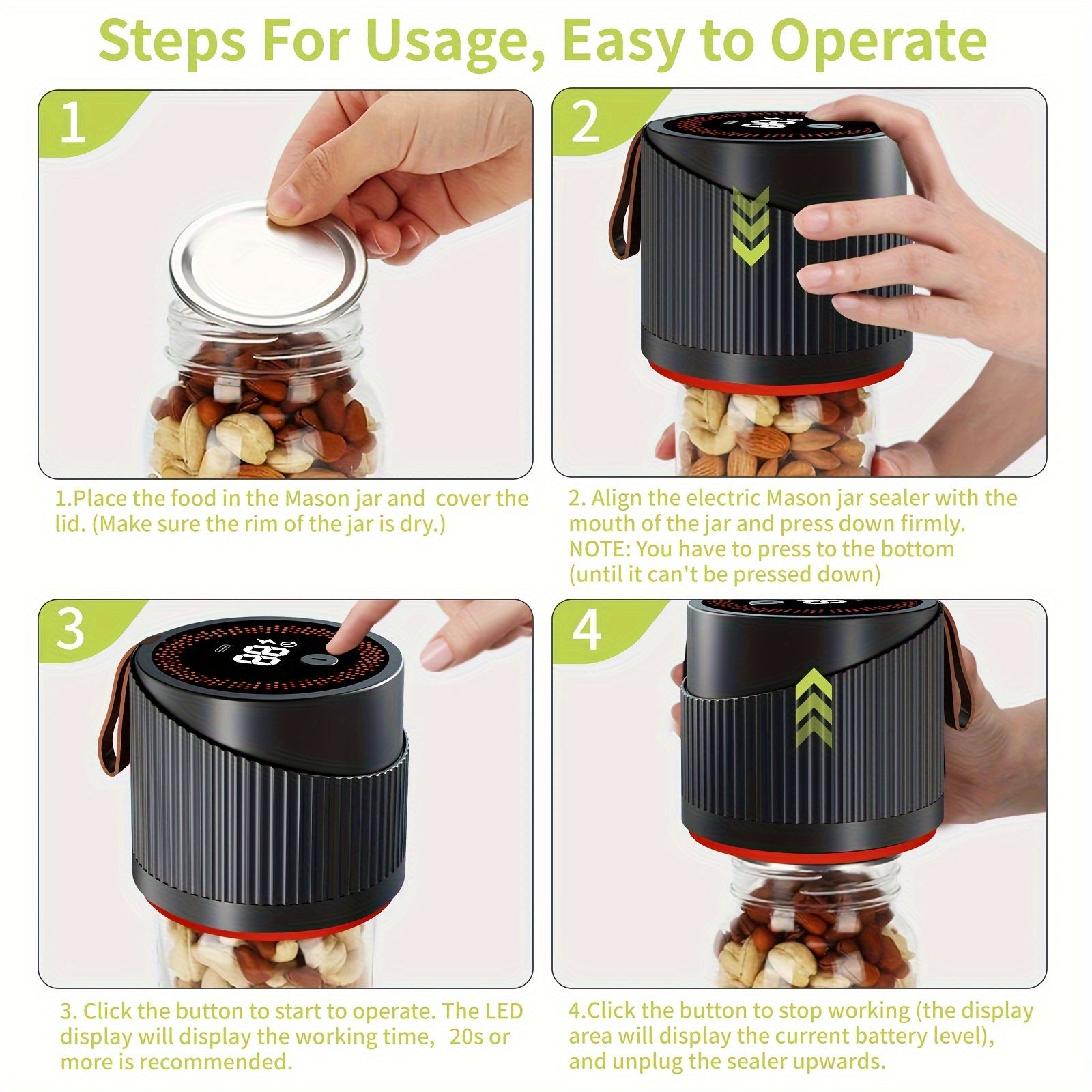 Mason jar vakuum yopishtiruvchi to'plami yangi oziq-ovqat saqlash va konservalash uchun, foydalanish oson va USB orqali qayta zaryadlanadi, oddiy va keng og'izli bankalar bilan mos keladi.