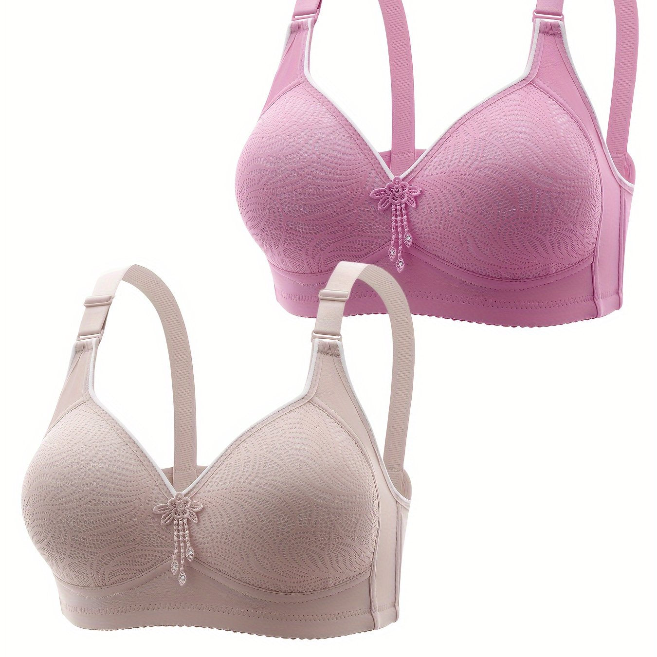Women's Floral Appliqué Wireless Full Cover Bra Set with Padded Cups