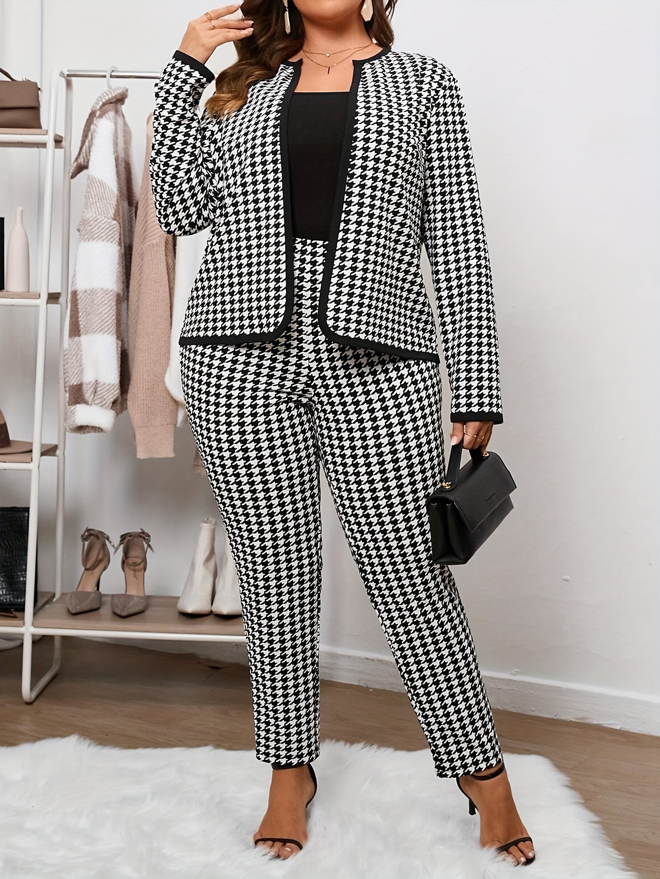 Plus Size Women's Houndstooth Jacket and Pants Set Stretchy Polyester