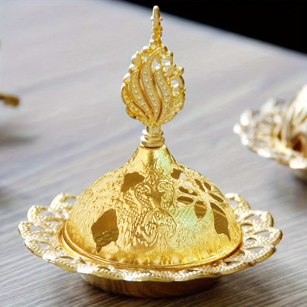 Golden Iron Incense Holder with Middle Eastern Design for Home Decor and Celebrations