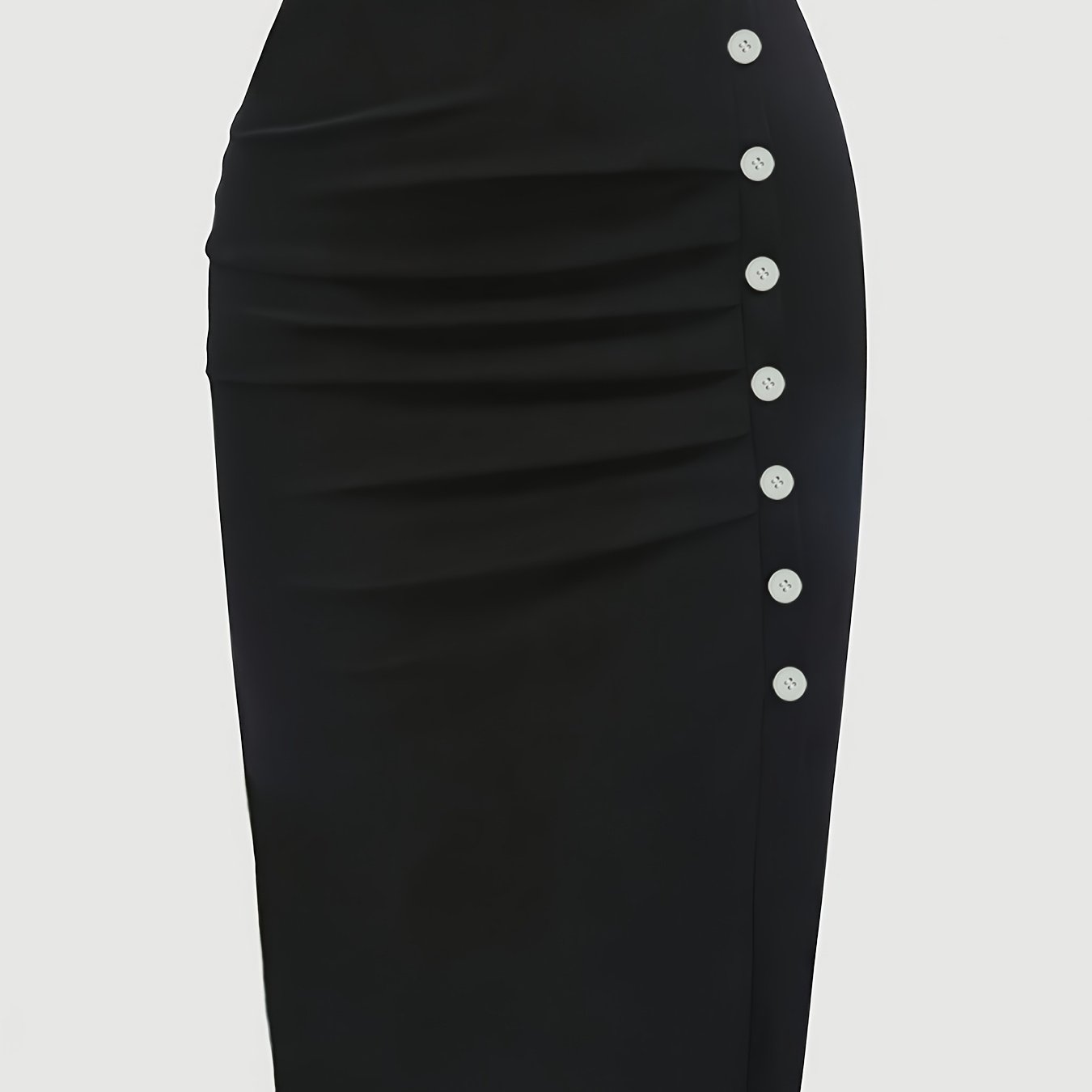 Plus Size Black Pencil Skirt with Ruched Detail and Decorative Buttons High Waist Polyester