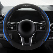 Universal Leather Steering Wheel Cover Black with Blue Accents for Cars