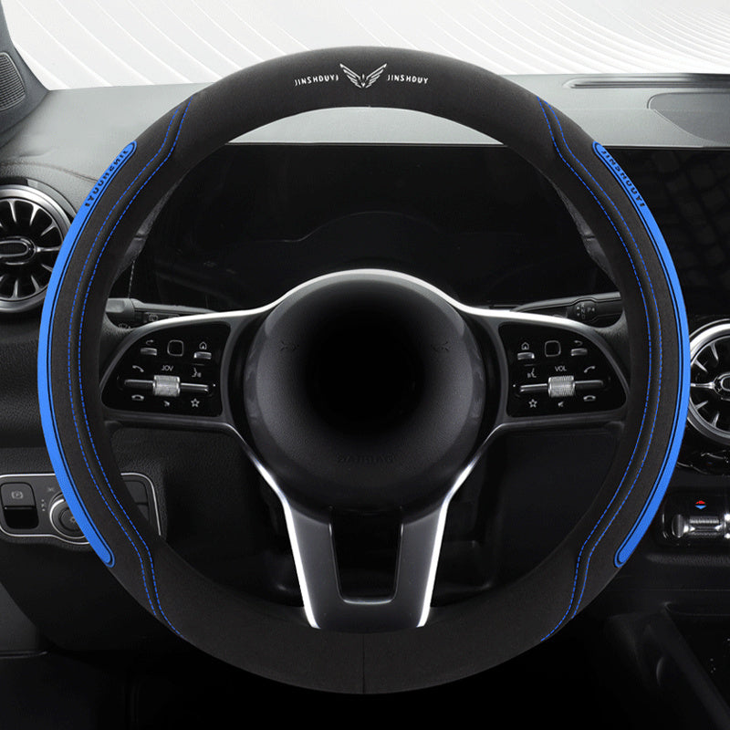 Universal Leather Steering Wheel Cover Black with Blue Accents for Cars