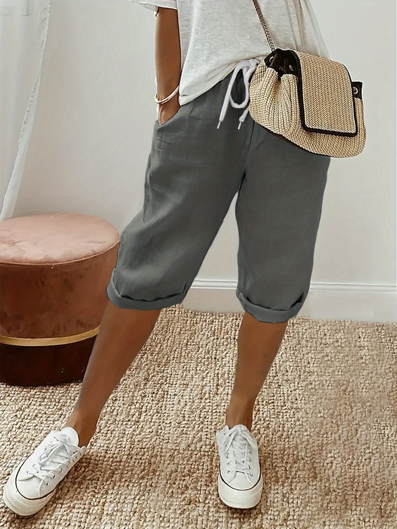 Plus Size Women’s Solid Drawstring Deck Pants Casual Elastic Waist Summer