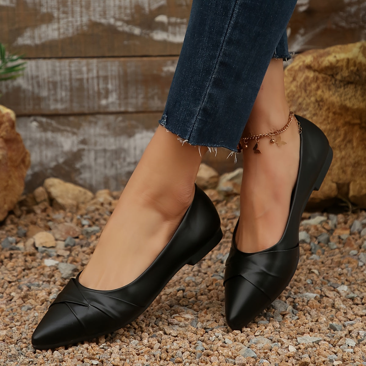 Ayollar uchun pointed toe flats slip-on balet poyabzali, bardoshli PU kauchuk taglik, qora va jigarrang, 36-42 o'lcham
